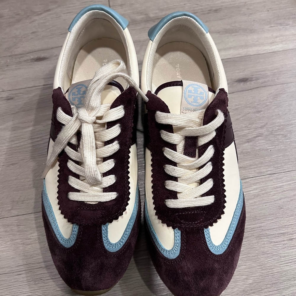 Tory Burch Maroon and Cream Sneakers with Blue Highlights